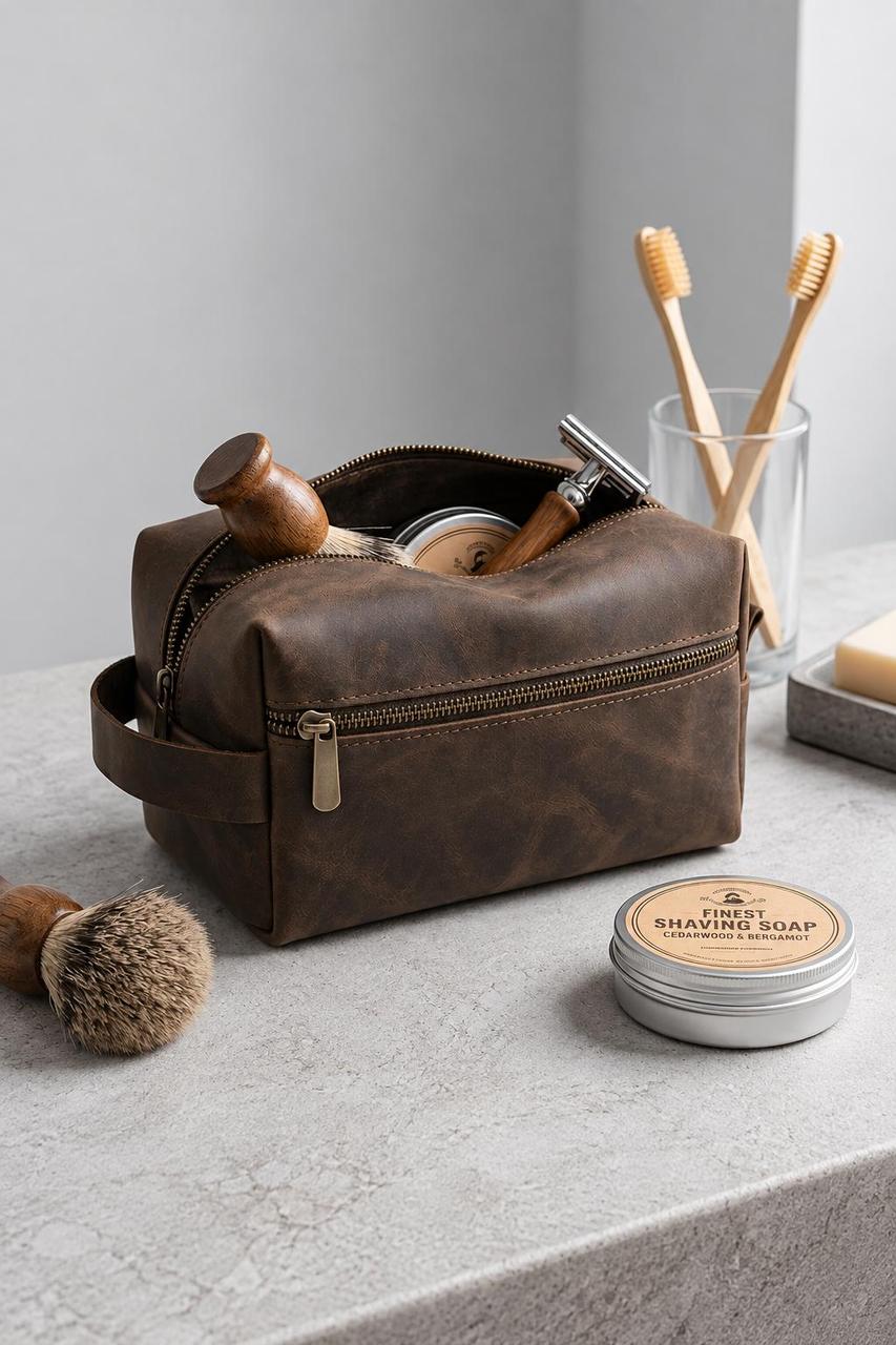 Шкіряна косметичка несесер із натуральної шкіри та краманом without sakvoyaj large brown, коричневого кольору