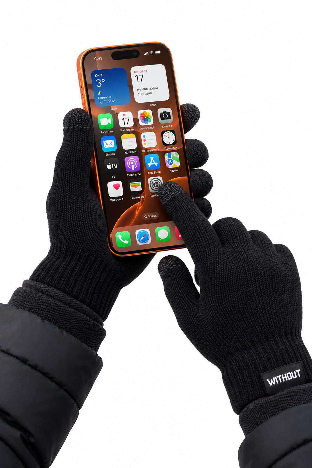 Унісекс чорні теплі сенсорні перчатки для смартфона without touch logo