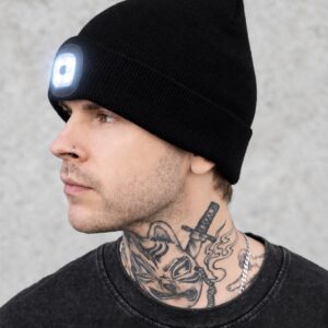 Чоловіча трикотажна шапка біні докер з led ліхтарем usb without lighton black, чорного кольору