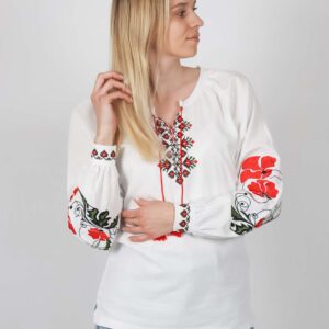 Лляна жіноча вишиванка "Маки", білого кольору