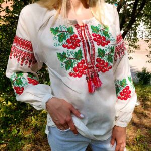 Жіноча лляна вишиванка "Калина", білого кольору